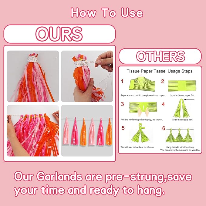 BEISHIDA 3 Packs Pink Orange Metallic Foil Fringe Tassel Garland, Tassels Banner Streamers for Car Floats Easter Baby Shower Birthday Party Decoration Wedding Garden Children's Holiday Party Supplies