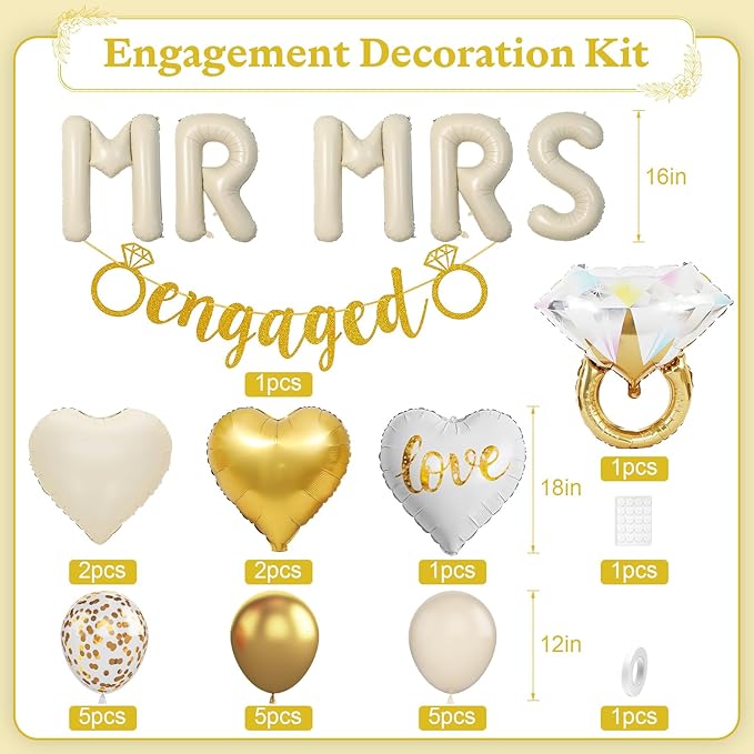 Sand White Engagement Party Decorations, MR and MRS Balloons Decor, White Gold Confetti Balloons, Love Heart and Diamond Ring Foil Balloon with Engaged Banner for Wedding Engagement Party Decoration