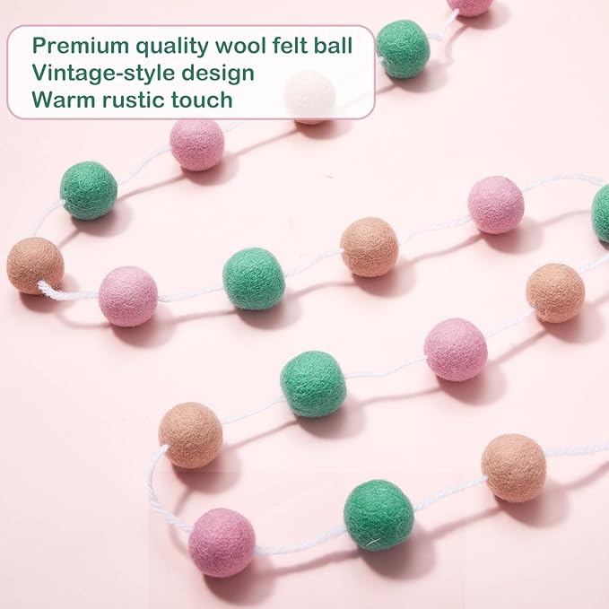 Boao 2 Pieces Wool Felt Ball Garland Colorful Pom Pom Garland Handmade 6.5 Feet Long 24 Balls Felt Banner for Wall Christmas Tree Decoration (Pink,Green)