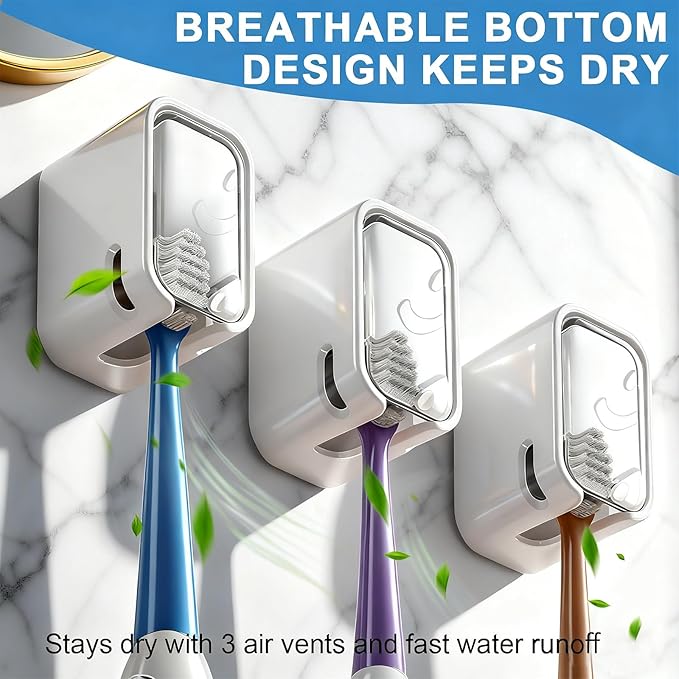 3 Pack Toothbrush Holders for Bathroom - Wall Mounted with Cover Single Slot Space-Saving Tooth Brush Holder Dispenser Storage Organizer for Shower, Family & Travel (Grey - 3 pcs)