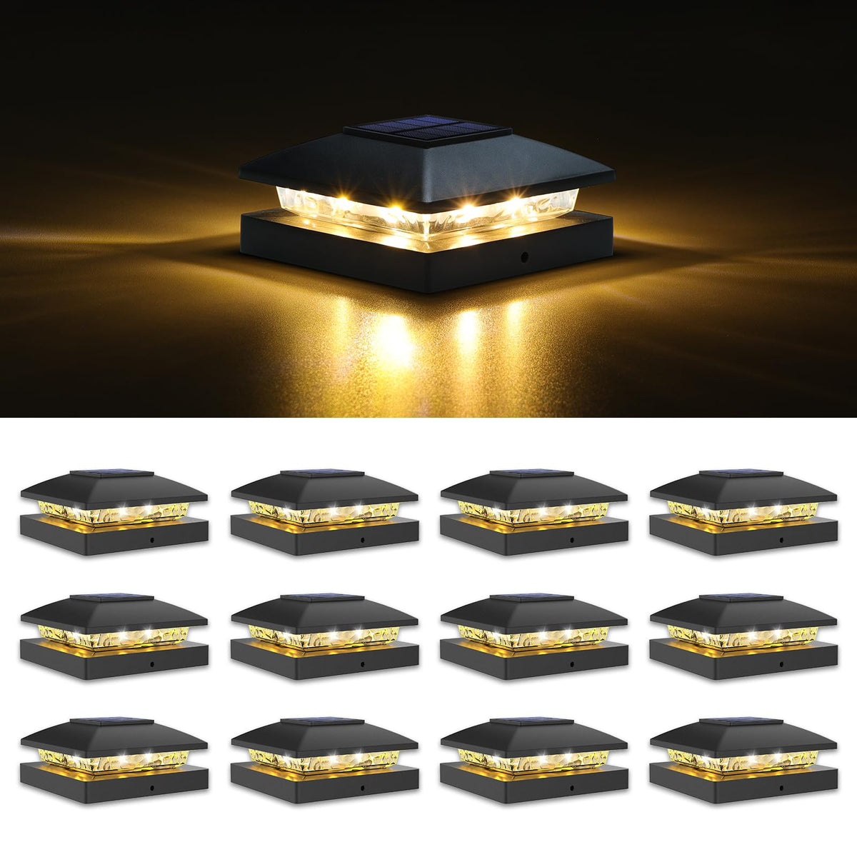 VOLISUN 4x4 Solar Post Cap Light 12pack,Solar Fence - Post Lights Outdoor Waterproof for Wooden/Vinyl Post,Black Deck Post Cap Light Solar Powered with Warm White for Garden/Patio/Porch