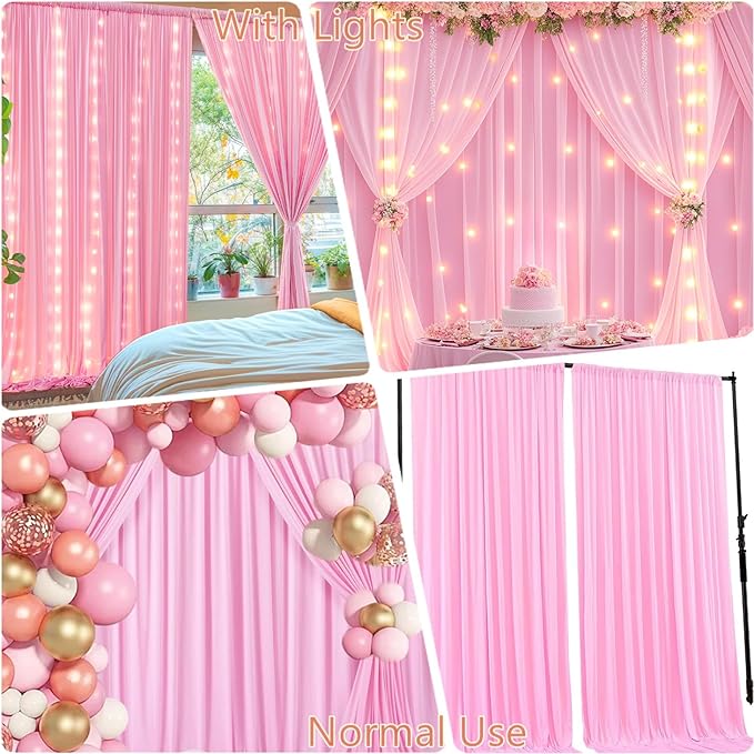 20 x 10ft Pink Backdrop Curtains with Lights String for Valentine’s Day Photo Backdrop Drapes Wrinkle Free Polyester Curtain Backdrop for Girls Birthday Party Wedding Reception Baby Shower-5 x 10ft 4P