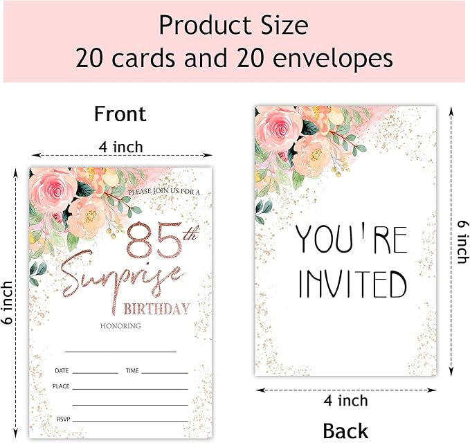 Zodvery Surprise 85th Birthday Party Invitations Cards - 85 Years old Rose Floral Pink Theme Party Supplies for Adult, Woman or Man - 20 Fill in Birthday Party Invitations and 20 Envelopes set/67