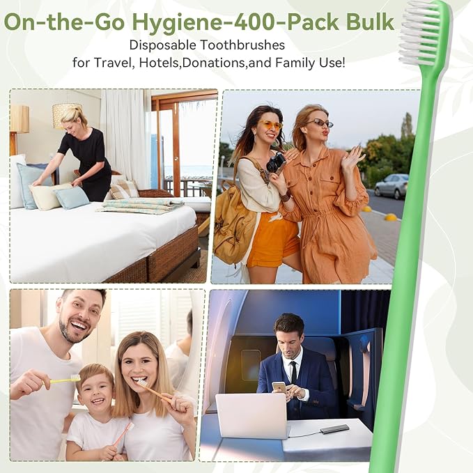 400 Pack Disposable Toothbrushes Bulk – Individually Wrapped Soft Bristles Single Use for Adults & Kids, Travel Hotel Guest Dental Office Donation Emergency Hygiene,Minimalist Design 5 Colors