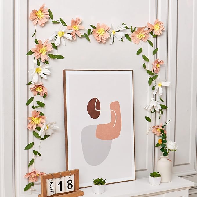 2PCS Paper Flower Garland, Paper Leaves Banner Vine Flowers with Green Leaves Crepe Floral Garland Decorations for Wall Anniversary Wedding Birthday Arch Decor (8.2ft)
