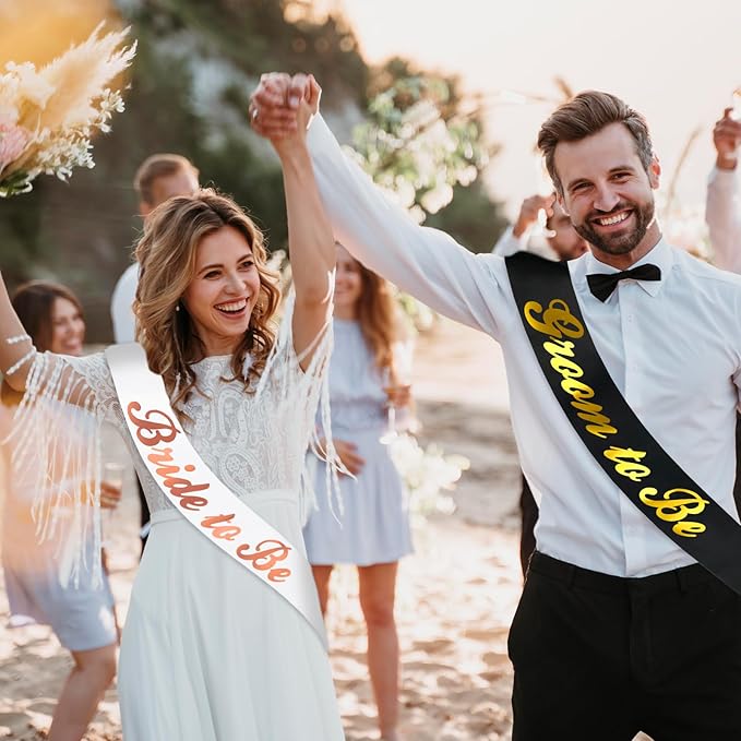 2 Pcs Bride to Be and Groom to Be Sash, Black & White Bachelorette & Bachelor Sashes for Bridal Shower Wedding Hen Party Decorations Lucky Mr & Future Mrs Engagement Gifts (Gold, Rose Gold Foil)