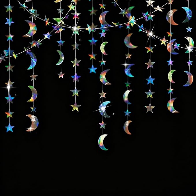 52 Feet Star Garland Banner Decorations for Party,Gold Star Hanging Bunting Banner Hanging Glitter Stars Garland Christmas Birthday Decorations (4 Pack Star and Moon)