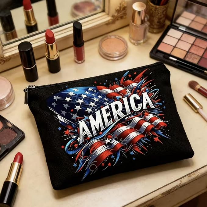 GRITOSE Independence Day Makeup Bag Black Small Toiletry Bags with America Flag designs Patriotic Supplies July 4th Stationery Storage Accessories for Women Men Work Travel Pouch Kit with Zipper Gift