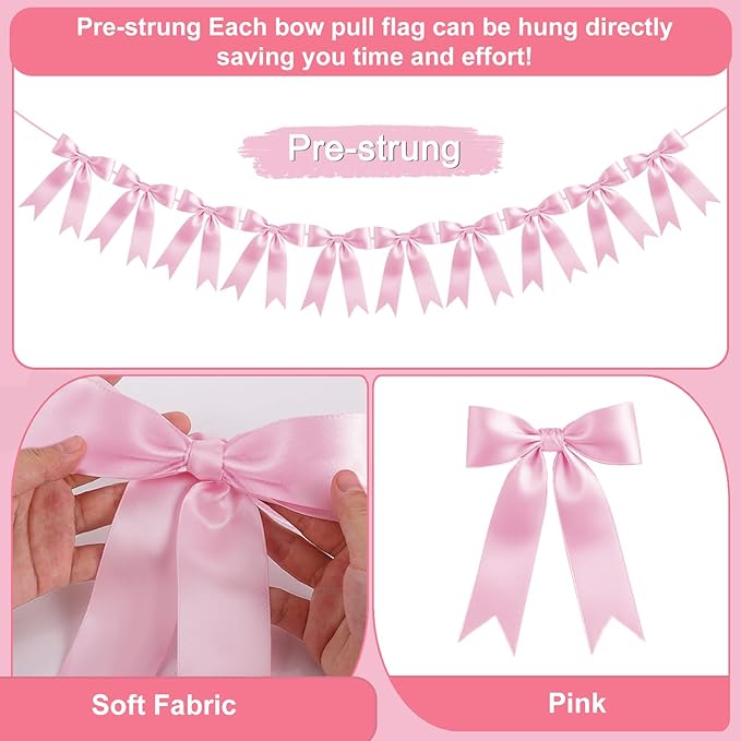 Baby Pink Bow Garland Bow Banner Bow Party Decorations Pre-Strung Large Coquette Satin Ribbon for Birthday Bachelorette Party Bridal Shower Wedding Engagement Baby Shower