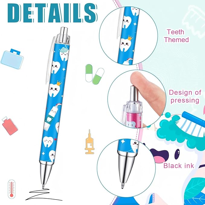 30 Pcs Teeth Pens Bulk Dental Gifts Retractable Dentists Ballpoint Pen Black Ink with Paper Scroll Inside Dental Assistant Accessories Dentists Gifts for Office School Stationery