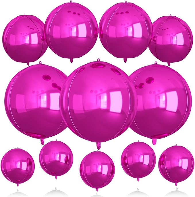 12Pcs Hot Pink Round Balloons Foil, 22" 18" 15" 10" 4D Round Ball Balloon, Large Hot Pink Metallic Balloons for Wedding Anniversary Birthday Party Baby Shower Princess Decorations Supplies