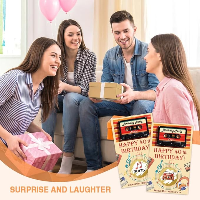 Haizct 50Pcs Happy 40Th Birthday Scratch Cards, Retro Radio Scratch off Game for Music Lover, Back To 1980s Party Supplies, Lottery Prize Raffle Ticket Group Game for Retirement Celebration Party