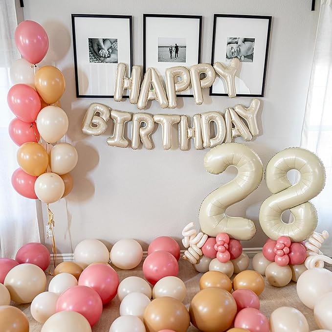 Happy Birthday Balloons Banner Beige,16 Inch Cream White Foil Letters Birthday Sign Banner Bunting for Boys Girls Men Women Birthday Party Supplies Decorations