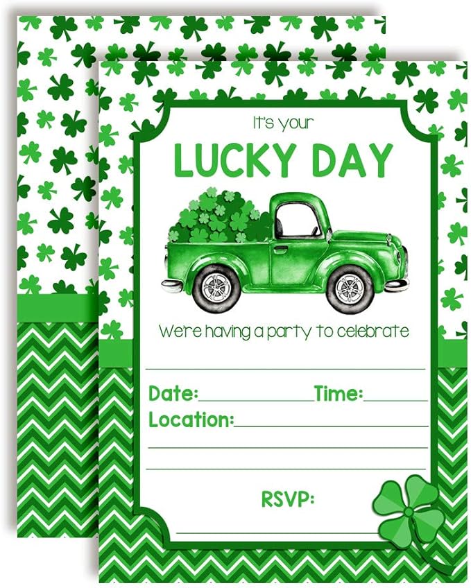 Lucky Day Truck with Clover Birthday St. Patrick’s Day Party Invitations, 20 5x7 Fill In Cards with Twenty White Envelopes by AmandaCreation
