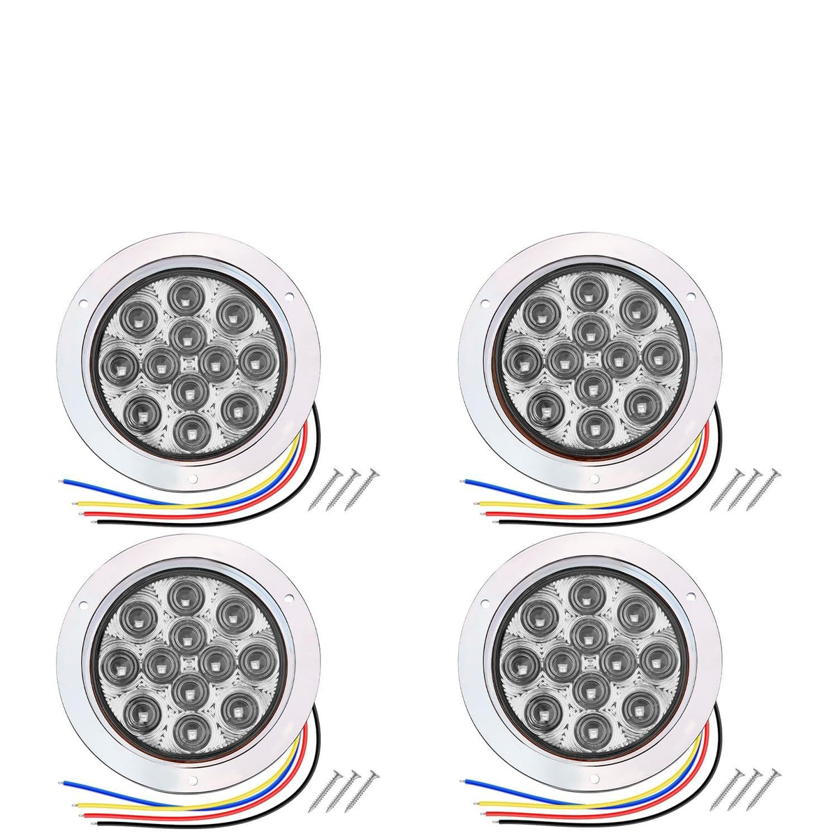 TMH 4 Inch Clear Lens Red LED Strobe Trailer Tail Lights, 12 LED Flush Mount, Chrome Bezel, Waterproof, Solid & Flashing Strobe