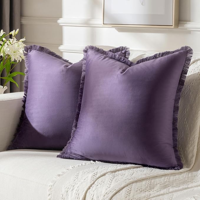 FUTEI Eggplant Purple Velvet Decorative Throw Pillow Covers 24x24 Set of 2,Soft Cozy Edge with Tassels European Cushion Case,Boho Modern Home Decor for Couch Bed Living Room