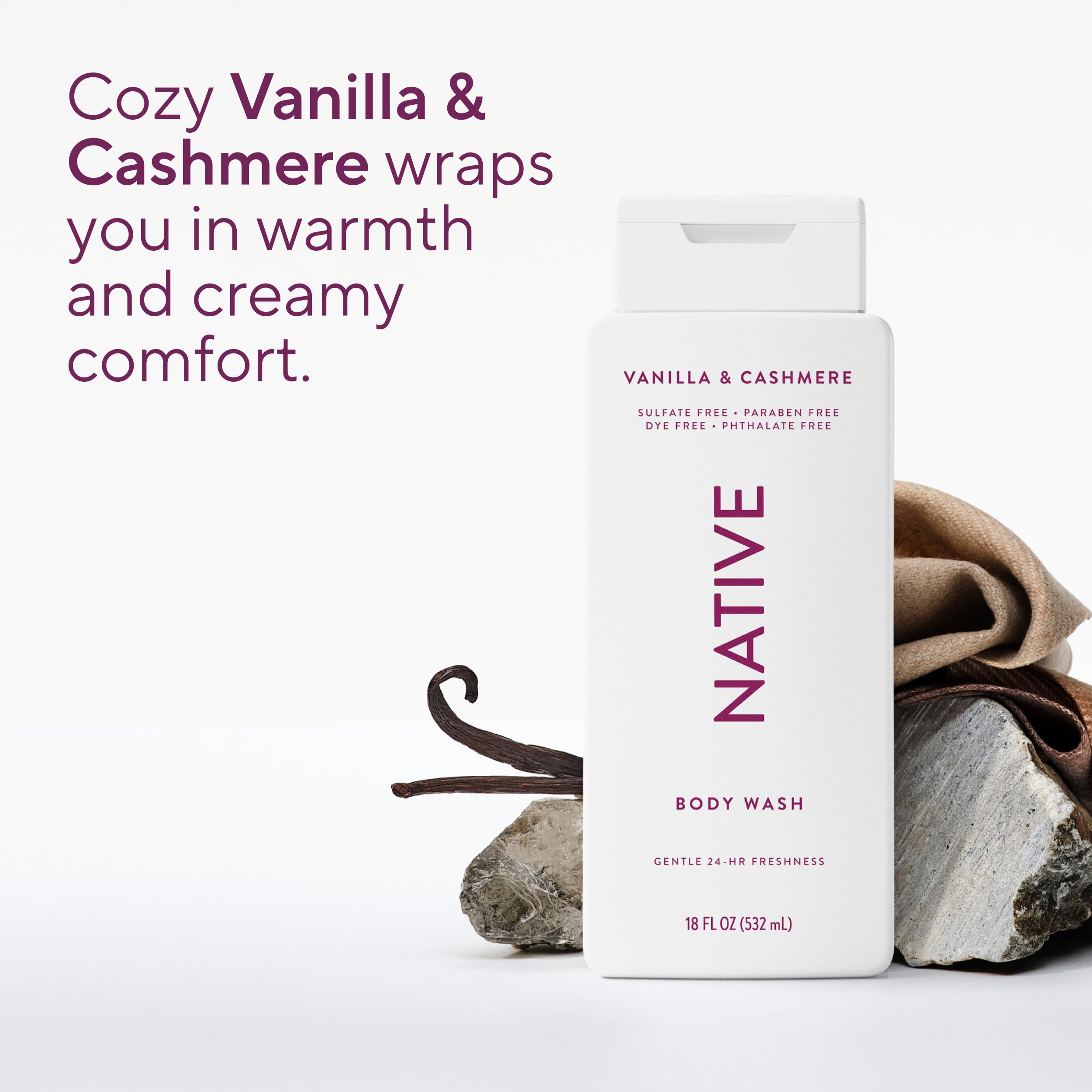 Native Clean Body Wash, Gentle & pH-balanced for Sensitive Skin, 24-Hr Freshness for Women & Men, Vegan & Cruelty-Free, Free of Sulfates & Parabens, Vanilla & Cashmere, 18 fl oz