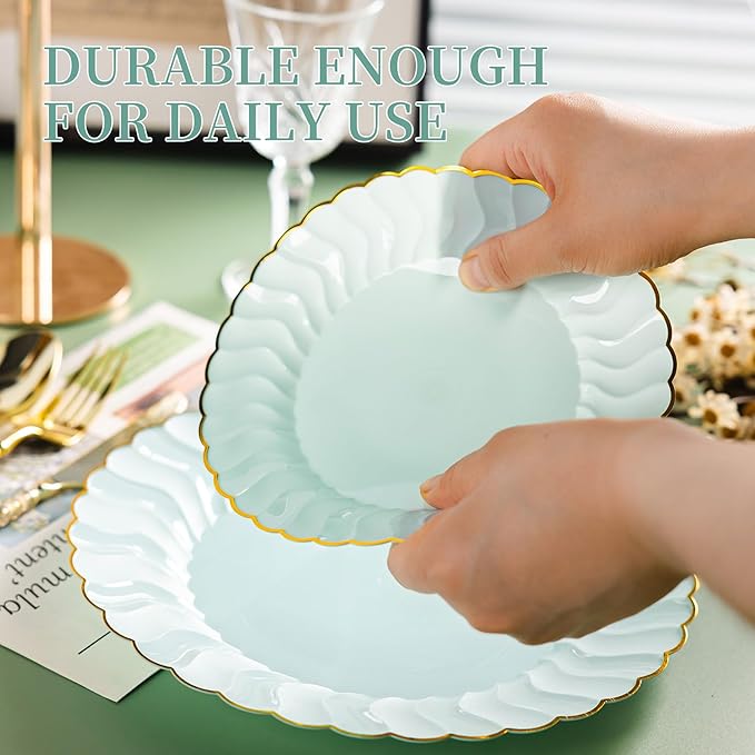 Lullaby 60PCS Sage Green Scalloped Plastic Plates with Gold Rim, Includes 30PCS Dinner Plate 10.25'' and 30 PCS Dessert Plate 7.5'', Green Disposable Plates for Party, Birthdays, Wedding and Daily Use
