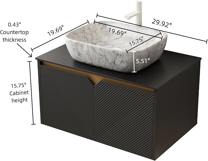 30 Inch Bathroom Vanity with Sink, Floating Fluted Vanity with Vessel Sink, Modern Bathroom Vanity Cabinet with 2 Doors, Marble Pattern Ceramic Sink & Sintered Stone Top, Black