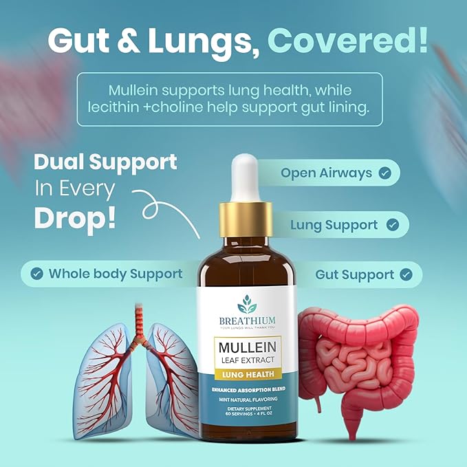 4-in-1 Mullein Drops for Lungs & Gut Health – Liposomal Mullein Leaf Extract, Sunflower Lecithin & Choline for Immune, Digestive, Allergy & Mucus Relief – Made in USA – 2oz Peppermint
