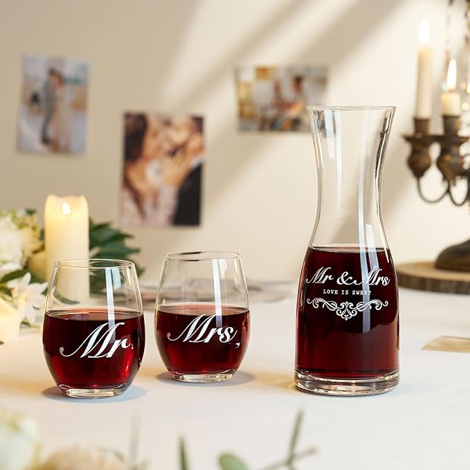 AW BRIDAL Wedding Gifts for Couples 2026, Mr and Mrs Wine Glasses with Decanter Set for Anniversary, Engagement Gift for Newly Engaged Couple, Bridal Shower Gift for Bride to Be
