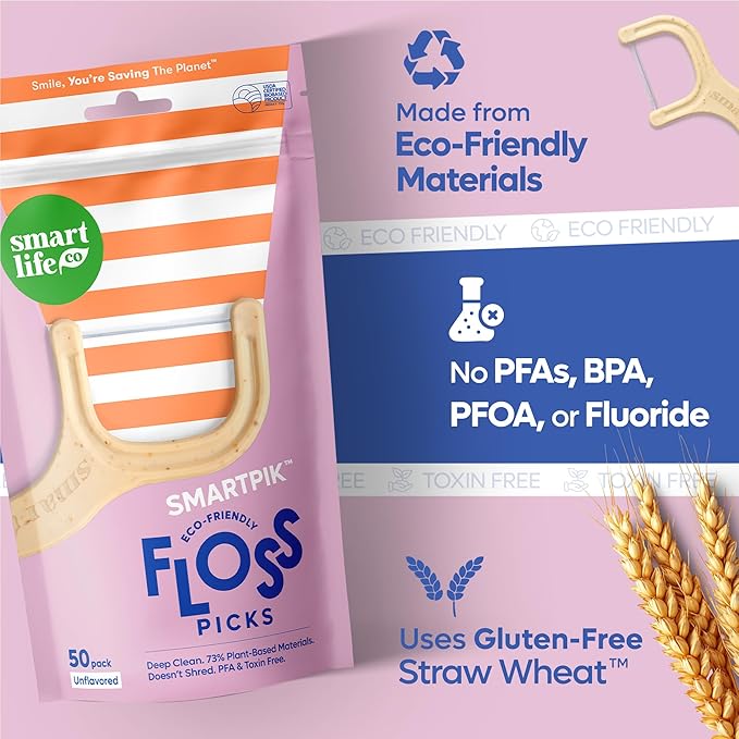 SmartLifeco Eco-Friendly Dental Floss Picks (100ct) - Flossers Made With Straw Wheat Blend, Strong Anti-Shred Thread For Tight Gaps, Tooth Pick Stick For Adults, Soft on Gum & Teeth, Vegan, Unflavored