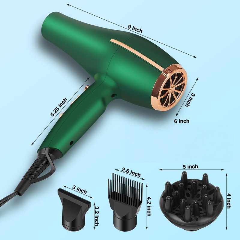 ARDIRO 2000 Watt Negative Ionic Hair Dryer, Professional Salon Blow Dryer, Low Noise Fast Drying & Powerful AC Motor and Diffuser Comb for Men Women,3 Heat & 2 Speed Settings, Easy to Use- Green