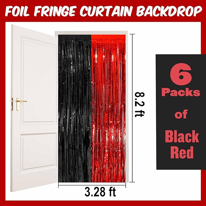 6 Pack Black and Red Foil Fringe Curtains Backdrop, 3.28 x 8.2 Ft Metallic Streamers Tinsel Curtains Background for Photo Booth, Birthday, Christmas, Halloween, New Year Party Decorations