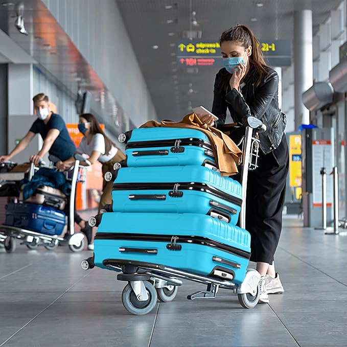 Karl home Luggage Set of 3 Hardside Carry on Suitcase Sets with Spinner Wheels & TSA lock, Portable Lightweight ABS Luggages for Travel, Business - Blue (20/24/28)