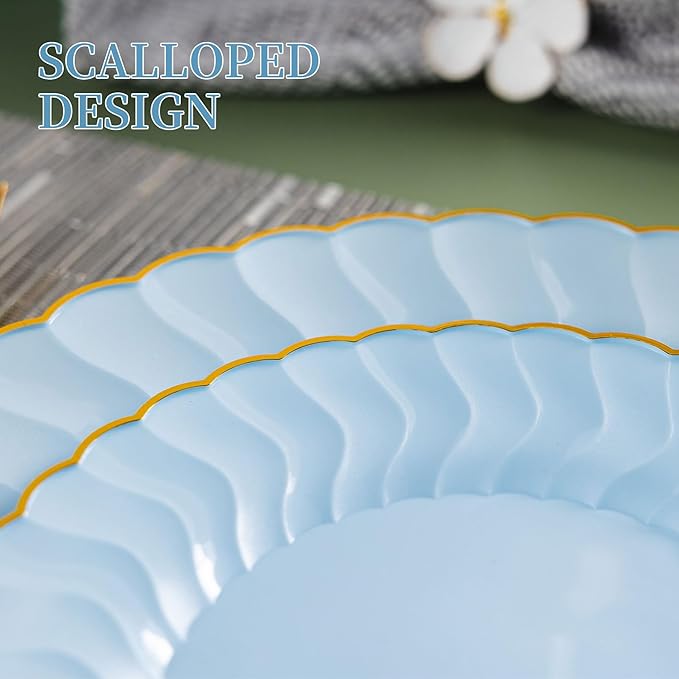 Lullaby 60PCS Light Blue Scalloped Plastic Plates with Gold Rim, Includes 30PCS Dinner Plate 10'' and 30PCS Dessert Plate 7.5'', Baby Blue Plastic Plates for Party, Wedding and Daily Use