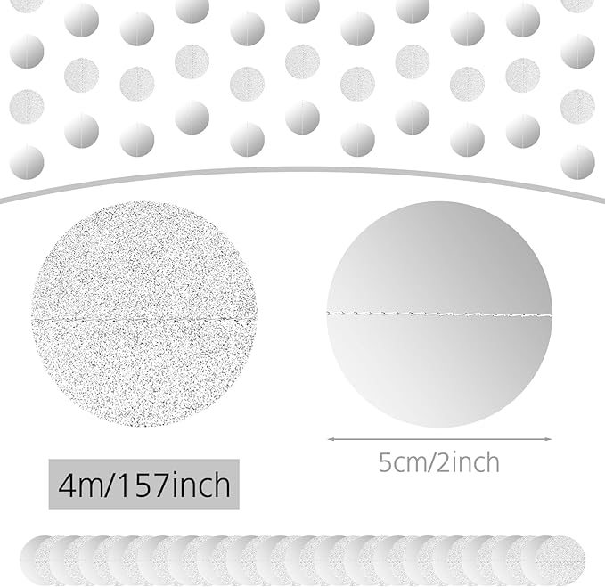 5 Pcs Silver Garland Glitter Silver Circle Dots Garland, PLULON 65 Ft Hanging Paper Polka Dot Streamer Backdrop Banner for Christma Party Decor Birthday Baby Shower Wedding Classroom Stitch