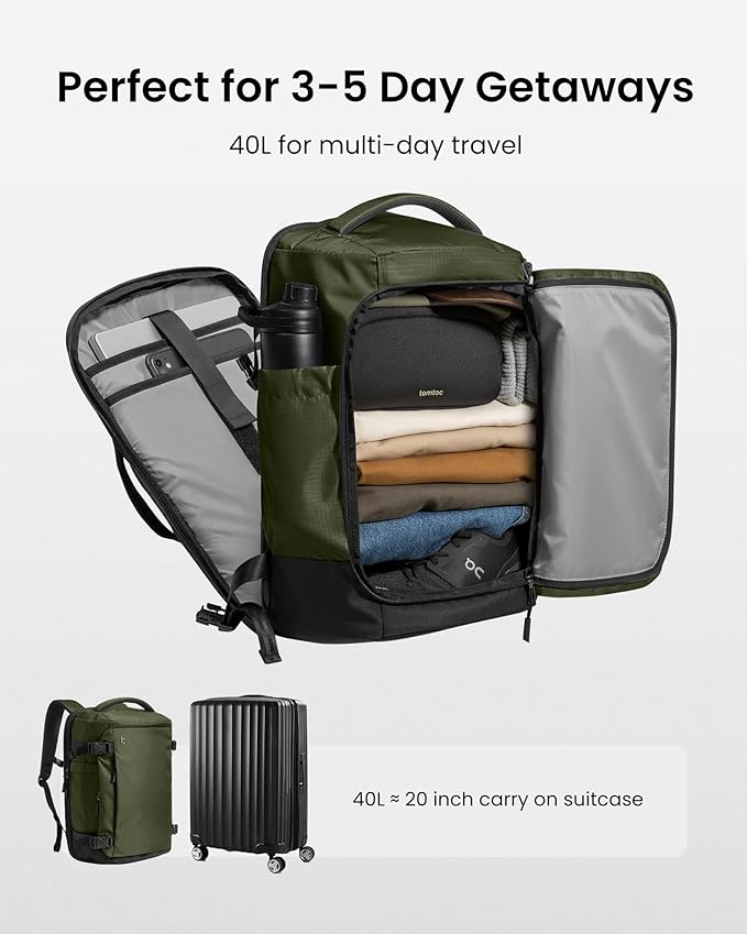 tomtoc Travel Backpack 40L, TSA Friendly Flight Approved Carry-on Luggage Hand Water-resistant Lightweight Business Rucksack, Durable Large Weekender Bag Daypack Fits 17.3 Inch Laptop