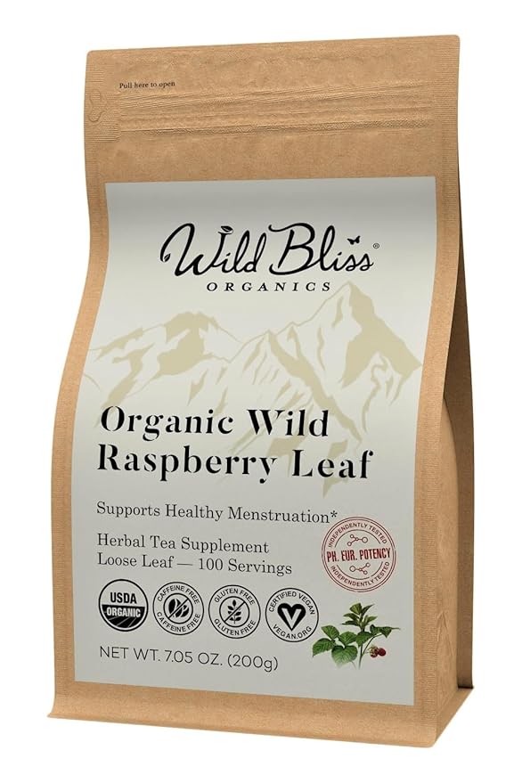 Wild Bliss Organic Red Raspberry Leaf Tea Pregnancy and Menstrual Support - Loose Leaf Herbal Tea - 7 Ounces - 100 Servings