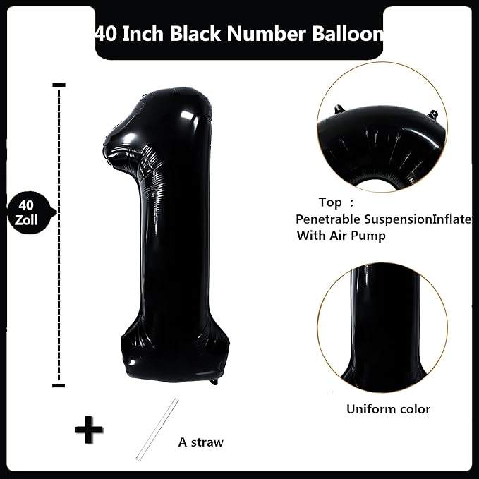40 inch Black 1 Number Balloon Giant Foil Helium Balloons Black Large Digital Balloon 1 Number 1 Balloons for 1st Birthday Party Decorations Anniversary Events Decoration Supplies