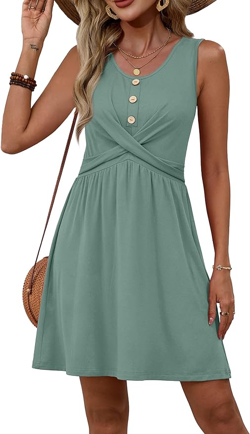 OFEEFAN Summer Dresses for Women Beach Fashion Sundresses Babydoll Dress Button Down Boho Dresses Cute Cross