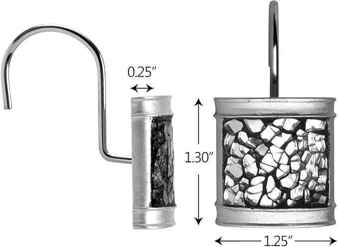 Crackled Glass Silver Shower Curtain Hooks Decorative - Set of 12 Shower Curtain Rings for Bathroom Shower Rod - Elegant Crackled Glass Shower Curtain Hooks