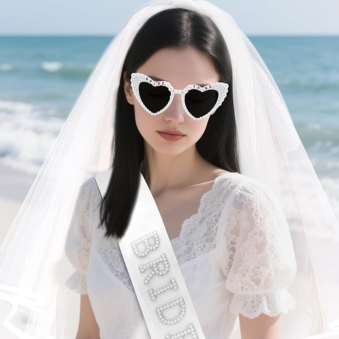 Bride to Be Set: Pearl-Trimmed Heart Sunglasses, Pearl BRIDE Sash & Tulle Veil - Bachelorette Party Bridal Accessories