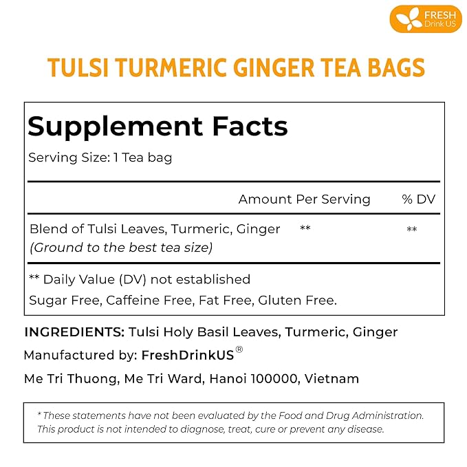 FreshDrinkUS, Premium 35 Tulsi Turmeric Ginger Tea Bags, 100% Natural & Pure from Tulsi Holy Basil Leaves, Turmeric and Ginger. Made with Natural Material Tea Bags. No Sugar, No Caffeine, Vegan.