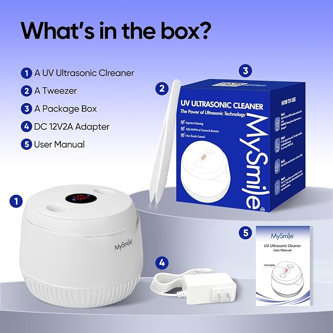 MySmile Ultrasonic Retainer Cleaner- 45kHz Denture Cleaner Machine with 200ML Capacity for Aligner, Mouth Guard, Braces, Portable Dental Cleaning Pod with 2 Mode Digital Timer for Home, Travel (WHITE)