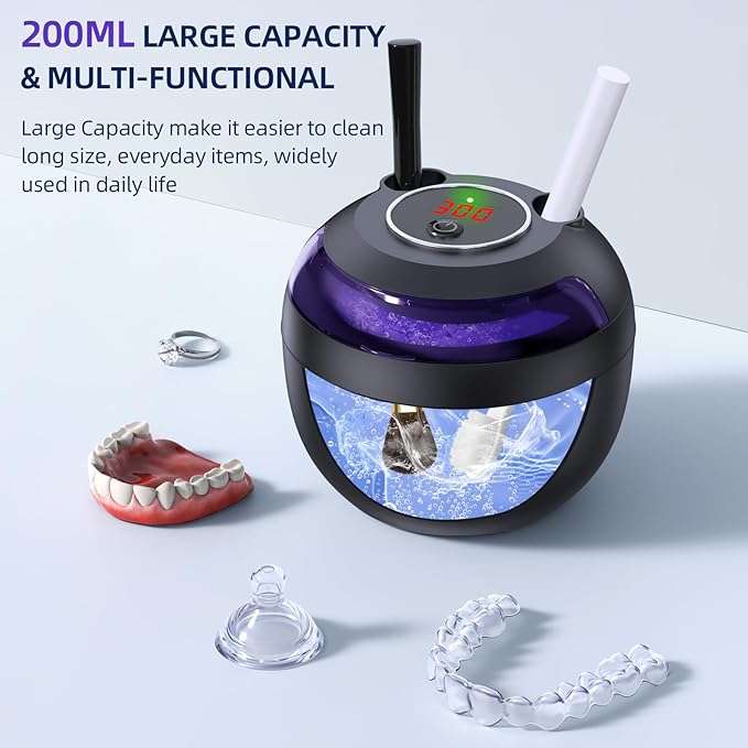 Ultrasonic Retainer Cleaner, Retainer Cleaner Machine for Dentures, Mouth Guards, Braces, Toothbrush Heads, Jewelry with 200ML Capacity, 45kHz Retainer Cleaning, 4 Modes for All Denture Brush