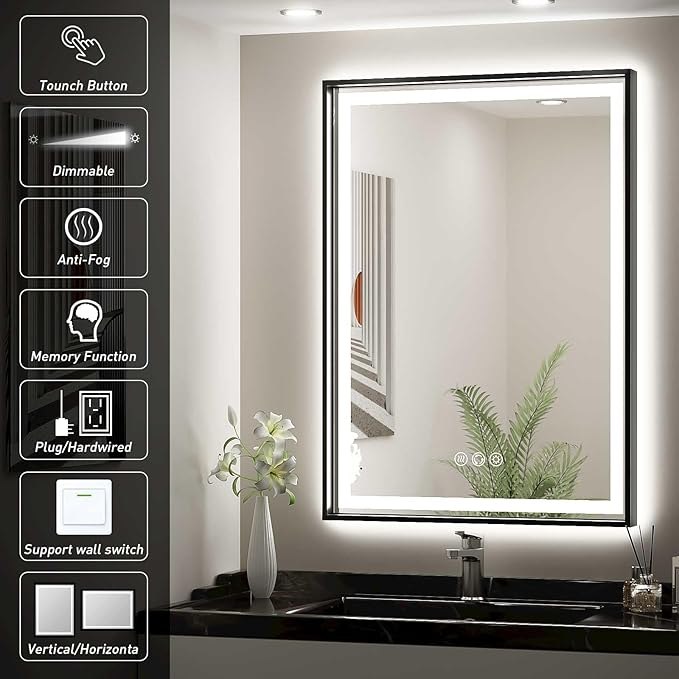 LED Bathroom Mirror, 20x28 Inch Frontlit & Backlit Black Framed Lighted Mirror,Wall Mouted Vanity with Lights,Double Lights Strips,Anti Fog Stepless 3 Colors Temperature & Dimmable