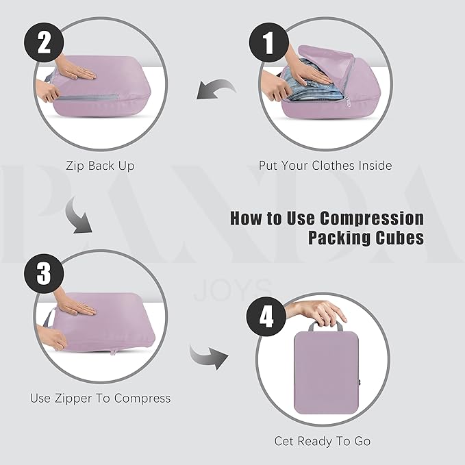 PANDA JOYS 4 Set Compression Packing Cubes Travel - Travel Accessories Expandable Packing Organizers for Carry On - Essentials Luggage Bags - Lavender