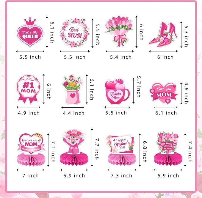 Mother's Day Decorations Set - Pink Glitter Happy Mother's Day Banner, Print Garland, Hanging Swirls, Honeycomb Centerpieces - Best Mom Ever Party Supplies