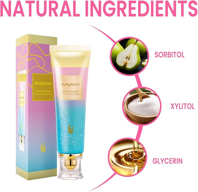 BodyAccel Niacinamide Whitening Toothpaste, Brightens and Whitens Teeth, Stain Removal Natural Gentle, Fresh Breath
