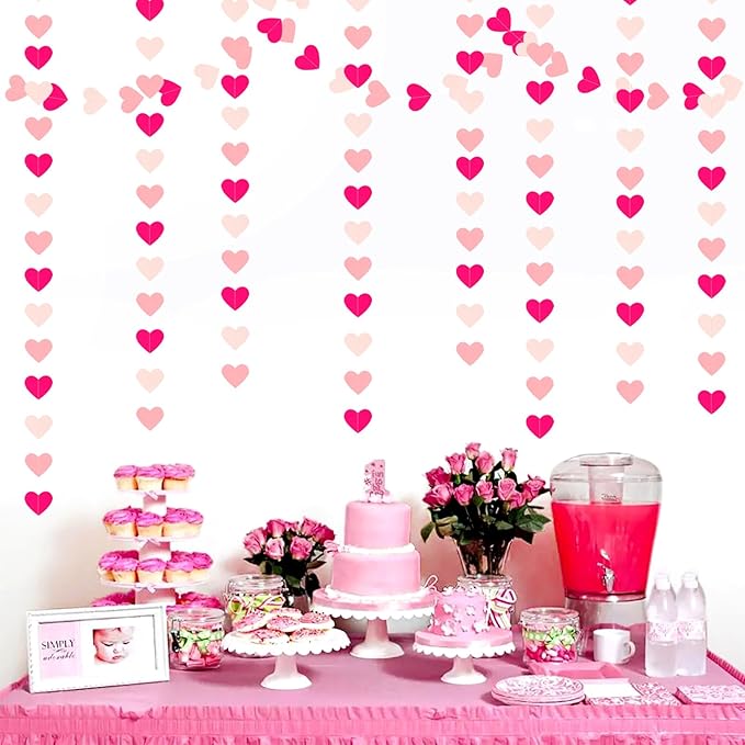 Hot-Pink Valentines-Day Party-Decorations Heart Garland - 52Ft Proposal Special Night Galentines Wedding Paper Streamers Banner, Girl Birthday Engagement Bachelorette Decor Lasting Surprise
