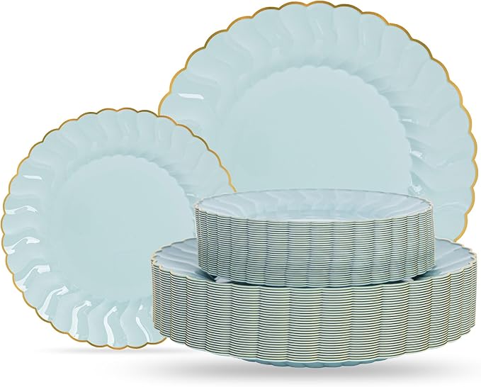 Lullaby 60PCS Sage Green Scalloped Plastic Plates with Gold Rim, Includes 30PCS Dinner Plate 10.25'' and 30 PCS Dessert Plate 7.5'', Green Disposable Plates for Party, Birthdays, Wedding and Daily Use