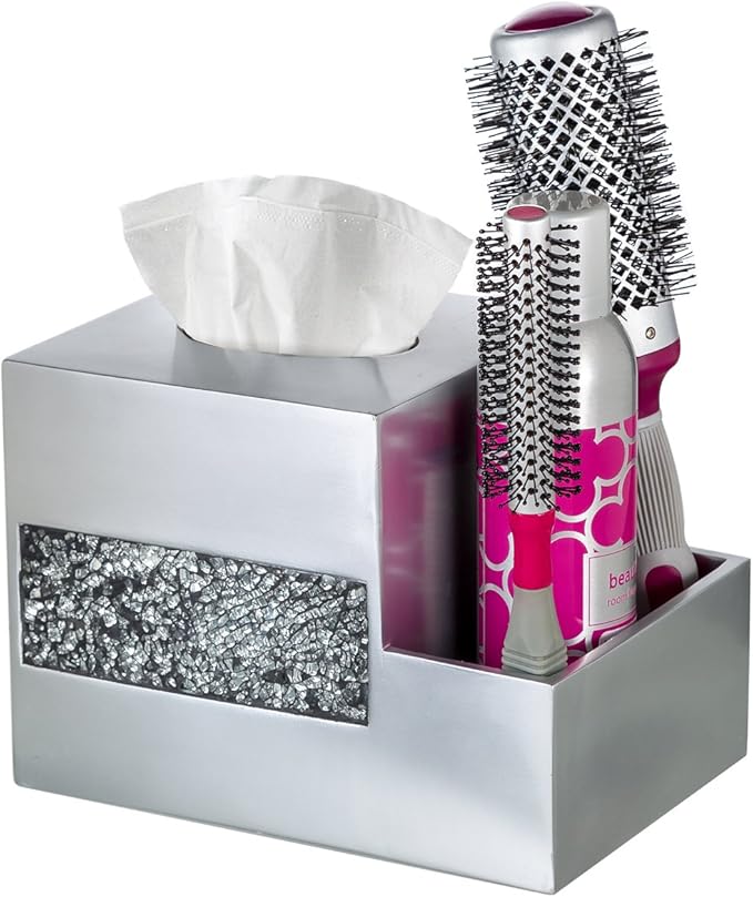Crackled Glass Silver Tissue Box Cover Square and Nightstand Organizer for Men & Women - Multi-Function Mosaic Glass Tissue Box Holder with Makeup, Phone, Remote Control Holder Organizer for Table