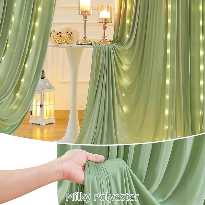 10 x 10ft Sage Green Backdrop Curtains with Lights String Green Polyester Photo Drapes Wrinkle Free Curtains Backdrop for Birthday Parties Wedding Reception Baby Shower Ceremony-5 x 10ft x 2P