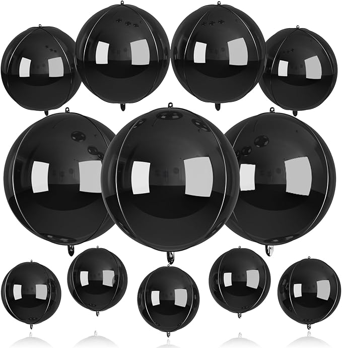 12 Pcs Black Foil Balloons, 22" 15" 10" 4D Round Ball Shape Balloons, Different Size Metallic Black Balloons for Graduation Birthday Wedding Baby Shower Prom Disco Party decorations Backdrop