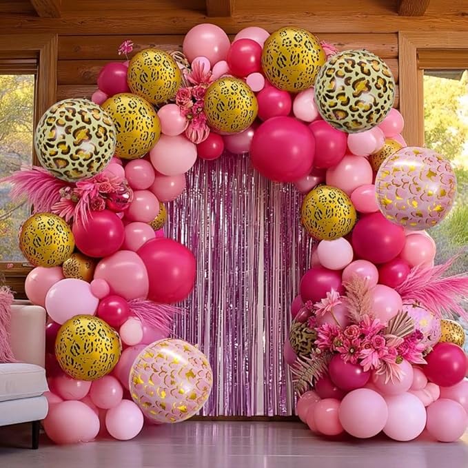 Hot Pink Balloon Arch Kit, Double Stuffed Dark Light Pink Magenta Gold Cheetah Print Balloons Fringe Curtain for Mother's Day Birthday Bridal Baby Shower Safari Jungle Party Decorations